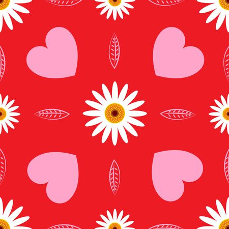 Seamless pattern of daisies and hearts on a red background retro style.のイラスト素材
