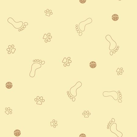 Human footprints and paw prints on a pale yellow background seamless pattern.のイラスト素材