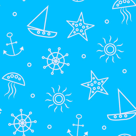 Blue sea travel vacation summer seamless pattern background with sailboats, starfish, anchors.のイラスト素材