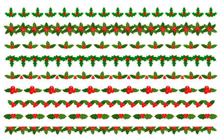 Christmas decorative dividers banners borders ornaments design elements with holly leaves berries set.のイラスト素材
