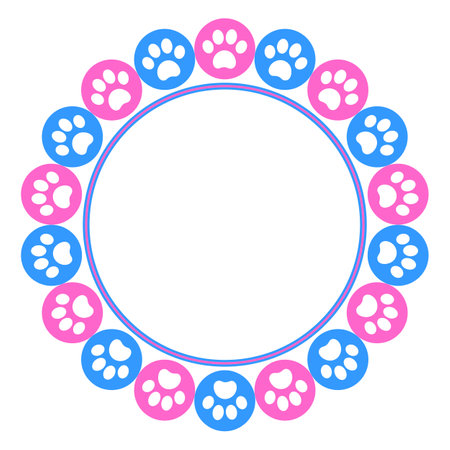 Pink blue round frame with animal paws with space for text or design.のイラスト素材