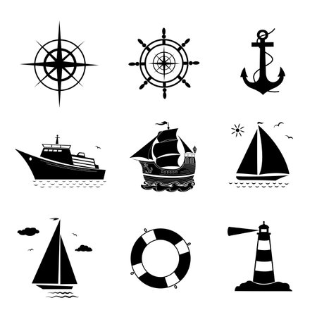 Marine theme is a collection of nautical icons and symbols vector silhouette graphic design elementsのイラスト素材