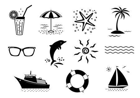 Travel and sea holidays symbols icons set vector flat silhouette design elementsのイラスト素材