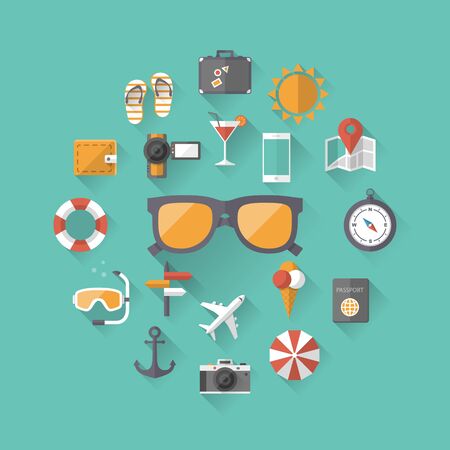 Summer holiday, tourism and vacation flat icons with long shadow effectのイラスト素材
