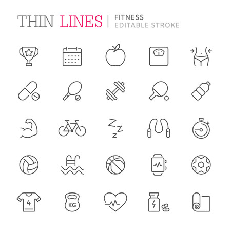 Collection of fitness related line icons. Editable strokeのイラスト素材