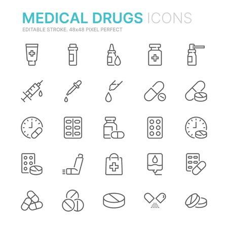 Collection of medical drugs related line icons. 48x48 Pixel Perfect. Editable strokeのイラスト素材