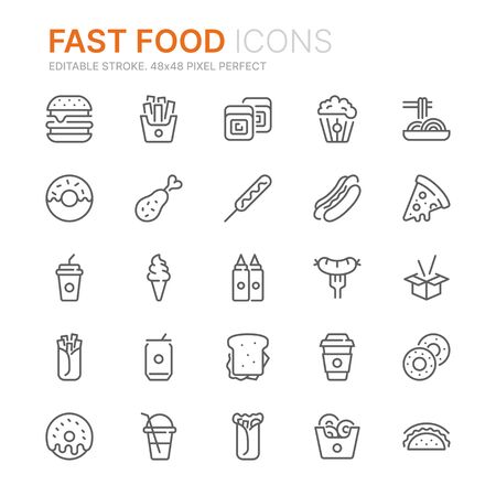 Collection of fast food related line icons. 48x48 Pixel Perfect. Editable strokeのイラスト素材