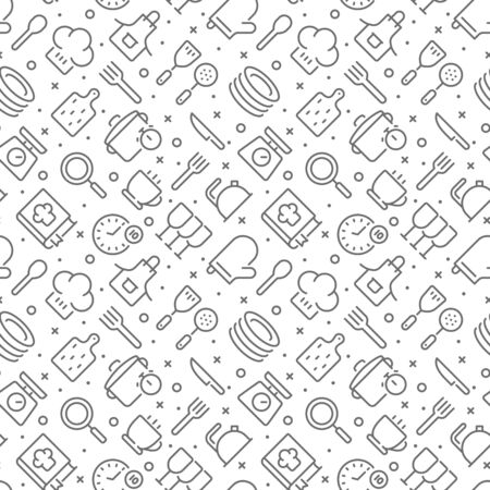 Cooking and kitchen related seamless pattern with outline iconsのイラスト素材