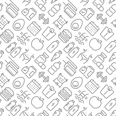 Fitness and diet related seamless pattern with outline iconsのイラスト素材