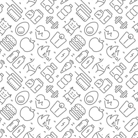 Fitness and diet related seamless pattern with outline iconsのイラスト素材