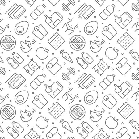 Fitness and diet related seamless pattern with outline iconsのイラスト素材