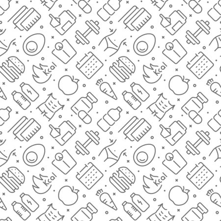 Fitness and diet related seamless pattern with outline iconsのイラスト素材