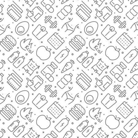 Fitness and diet related seamless pattern with outline iconsのイラスト素材