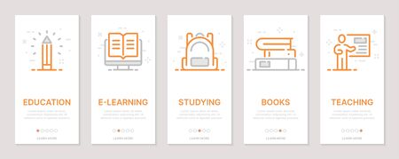 Education, e-learning, studying, books, teaching vertical cards. Templates for a website. Icons with editable strokeのイラスト素材