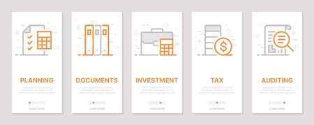 Accounting, planning, auditing, investments vertical cards. Templates for a website. Icons with editable strokeのイラスト素材