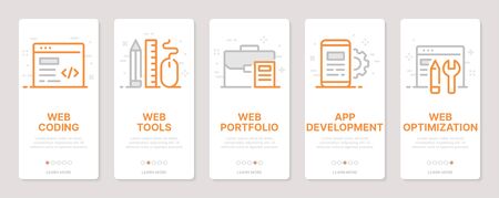Web development related vertical cards. Mobile app onboarding screens Templates for a website. Icons with editable strokeのイラスト素材