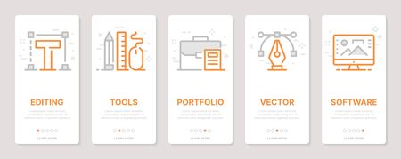 Web design related vertical cards. Mobile app onboarding screens Templates for a website. Icons with editable strokeのイラスト素材