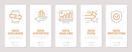 Data related vertical cards. Mobile app onboarding screens Templates for a website. Icons with editable strokeのイラスト素材
