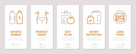 Fitness and diet related vertical cards. Mobile app onboarding screens Templates for a website. Icons with editable strokeのイラスト素材