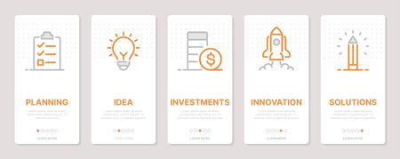 Startup related vertical cards. Mobile app onboarding screens Templates for a website. Icons with editable strokeのイラスト素材
