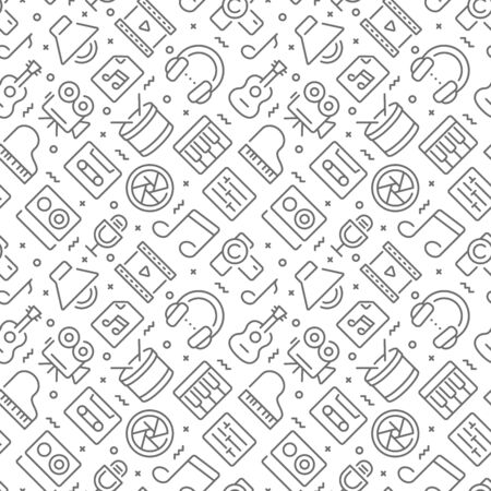 Music and video related seamless pattern with outline iconsのイラスト素材