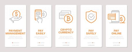 Startup related vertical cards. Mobile app onboarding screens Templates for a website. Icons with editable strokeのイラスト素材