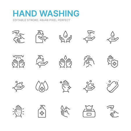 Collection of hand washing related line icons. 48x48 Pixel Perfect. Editable strokeのイラスト素材