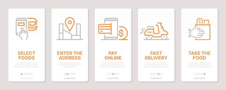 Food delivery related vertical cards. Mobile app onboarding screens Templates for a website. Icons with editable strokeのイラスト素材