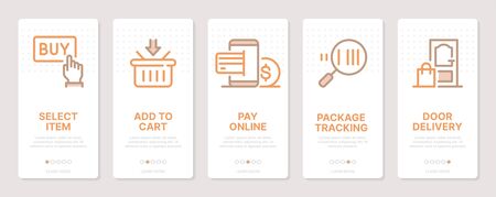 Shopping related vertical cards. Mobile app onboarding screens. Templates for a website. Icons with editable strokeのイラスト素材
