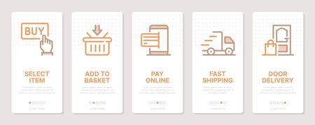 Shopping related vertical cards. Mobile app onboarding screens. Templates for a website. Icons with editable strokeのイラスト素材