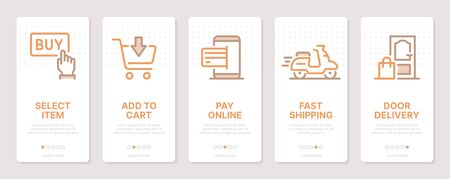 Shopping related vertical cards. Mobile app onboarding screens. Templates for a website. Icons with editable strokeのイラスト素材