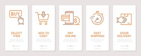 Shopping related vertical cards. Mobile app onboarding screens. Templates for a website. Icons with editable strokeのイラスト素材