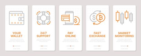 Cryptocurrency related vertical cards. Mobile app onboarding screens. Templates for a website. Icons with editable strokeのイラスト素材