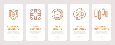 Cryptocurrency related vertical cards. Mobile app onboarding screens. Templates for a website. Icons with editable strokeのイラスト素材