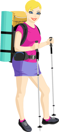 Hiking woman standing isolated. Female hiker with backpacking bag and hiking poles walking sticks. Vector illustrationのイラスト素材