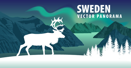 Panorama of sweden fjord with Aurora Borealis (Northern Lights) and raindeerのイラスト素材