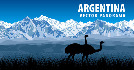 panorama of Argentina with nandu in pampas.のイラスト素材