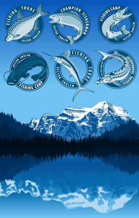 set of fishing emblems with catfish, carp, salmon fish, marlin, pikefishのイラスト素材