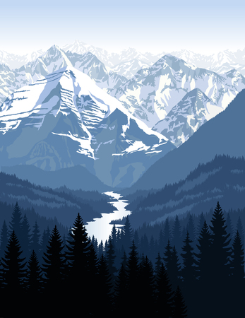 vector morning in beautiful mountains with riverのイラスト素材