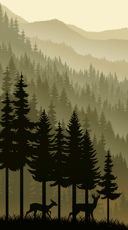Vector mountains morning landscape with deersのイラスト素材