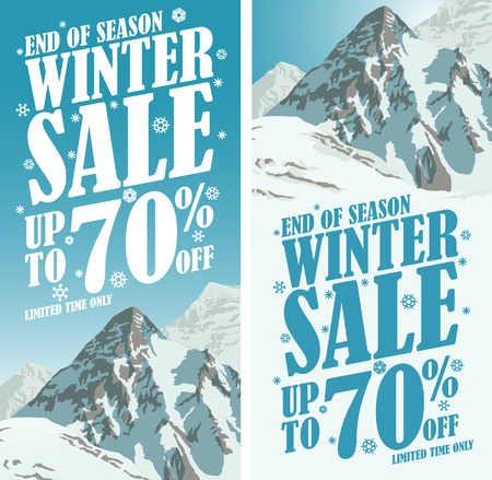 Winter travel gear sale poster design template background with mountains. Creative business promotional vectoのイラスト素材