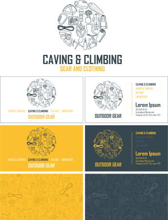 Vector outdoor gear visiting card. Business card set with abstract seamless background pattern. Corporate identity template with caving and climbing line icons logo.のイラスト素材