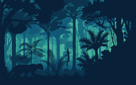 Vector evening tropical rainforest Jungle background with jaguar, sloth, monkey and qetzalのイラスト素材