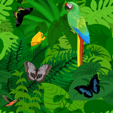 Seamless vector tropical rainforest Jungle background with parrot and butterflies and frogのイラスト素材