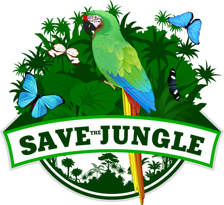Vector Jungle Emblem with green macaw and butterfliesのイラスト素材