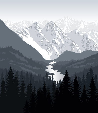 vector morning in beautiful mountains with riverのイラスト素材