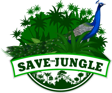 Vector Jungle Emblem with Peacock Peafowlのイラスト素材