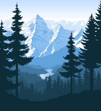 vector morning in beautiful mountains forest with riverのイラスト素材