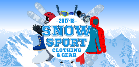 Snow sport gear store emblem with type design and clothing and equipment.のイラスト素材