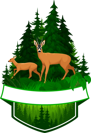 vector woodland emblem with roe deersのイラスト素材